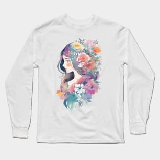 Watercolor Floral Girl Long Sleeve T-Shirt